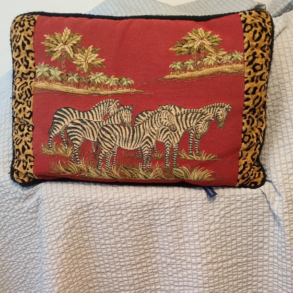 Exotic Zebra Tapestry Pillow with Leopard Trim